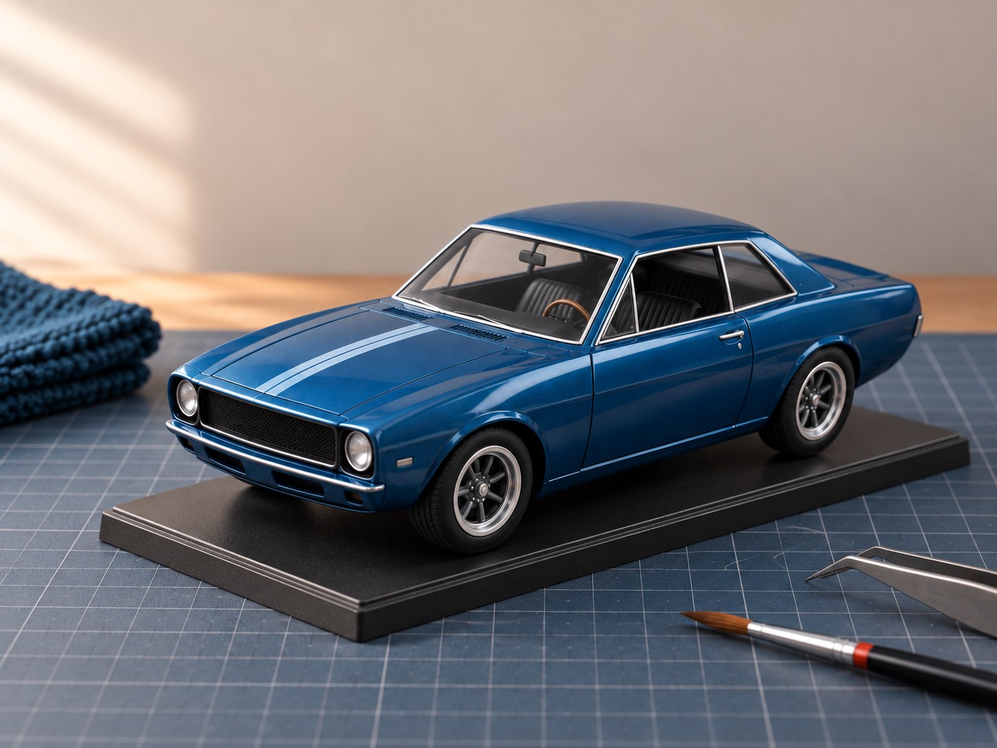 Modelo terminado de un cupé clásico azul petróleo expuesto sobre una base en la mesa de modelismo