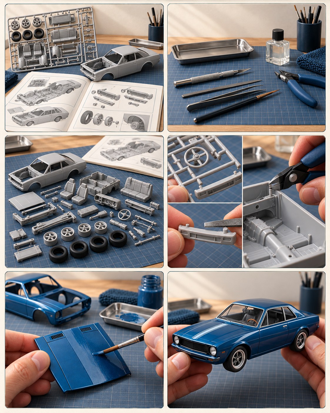 Seis escenas muestran la elección del kit, la preparación de herramientas, la organización de piezas, el montaje, la pintura y el automóvil terminado
