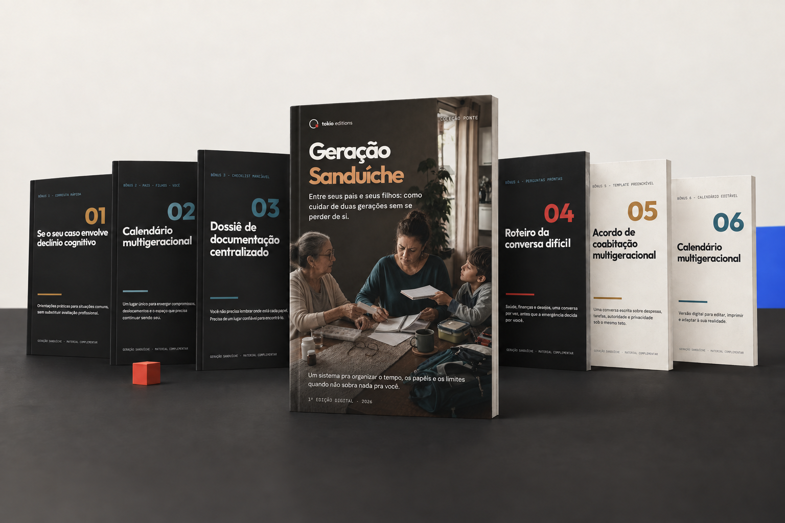 Mockup do e-book Geração Sanduíche com os cinco bônus ao redor