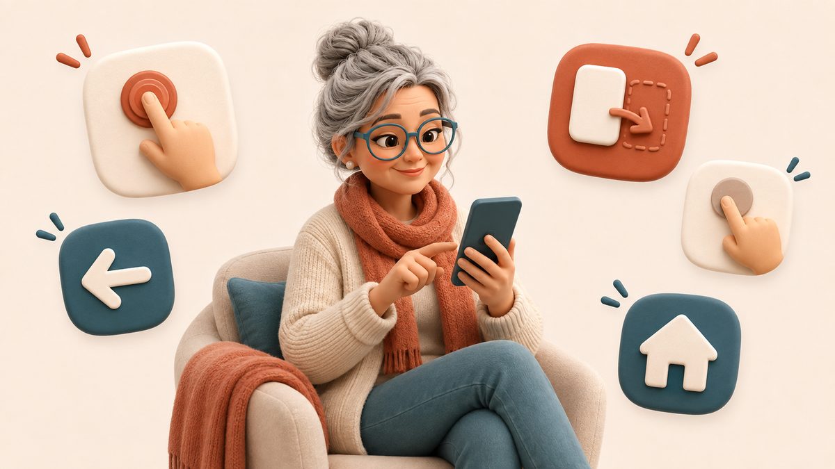 Ilustração de uma idosa usando o celular no colo, cercada de ícones de gestos básicos