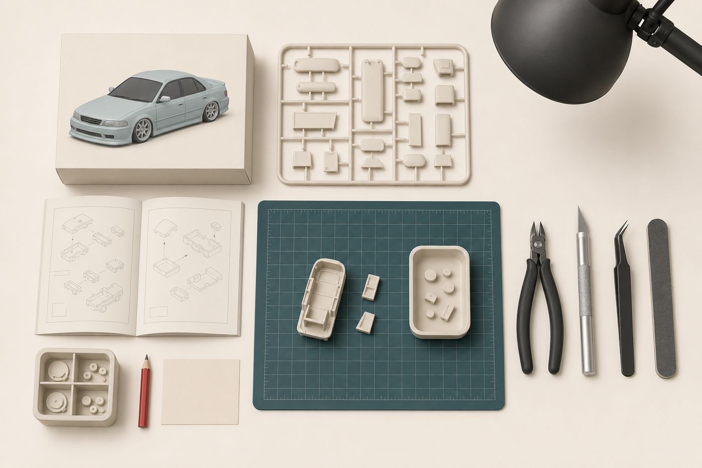 Kit, manual, ferramentas e bancada organizados antes da primeira montagem